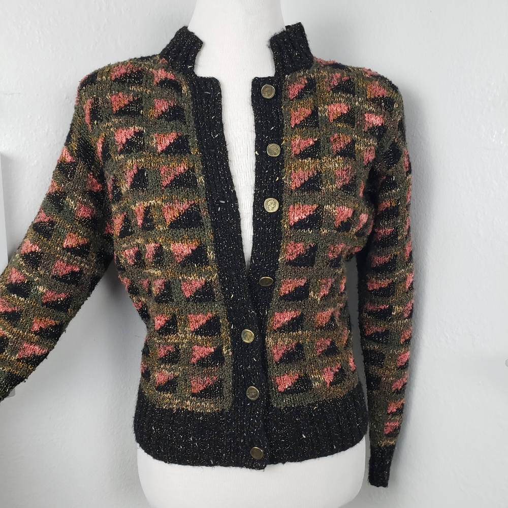 Vintage Sweater Boucle Ribbed Green Peach Coin Buttons Mandarin sz Small